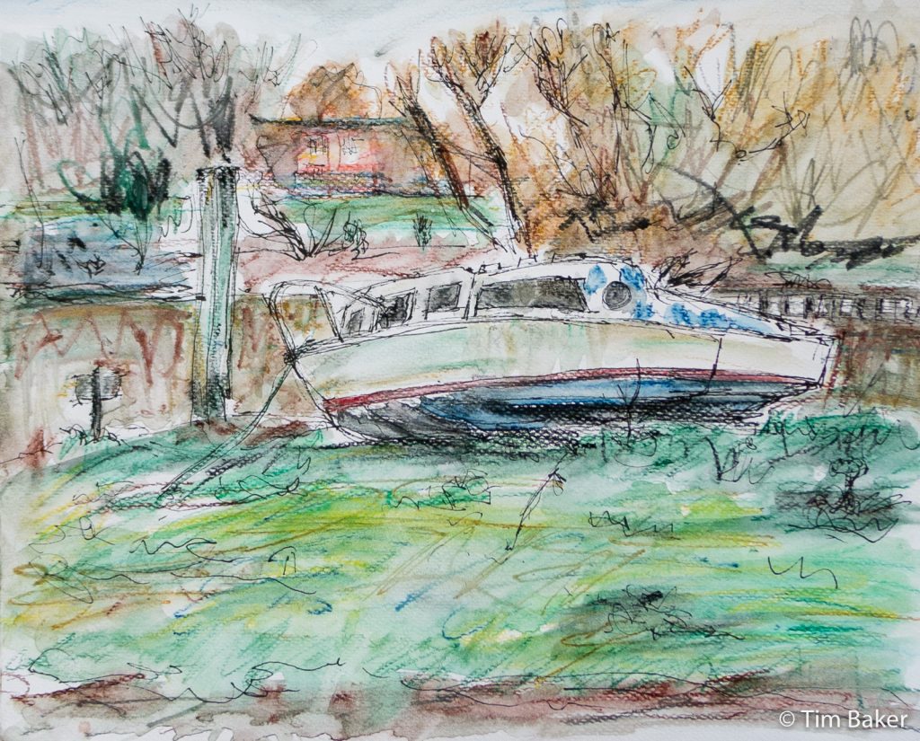 Wrecked Boat at Richmond, Neocolor II water crayons and Staedtler pen, 15x10"