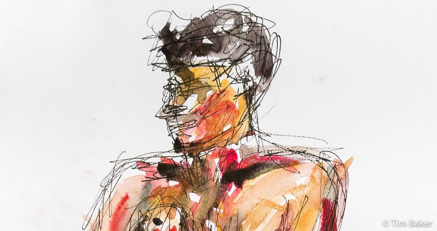 Marcus, Life Drawing #21, Watercolour and Pigma pen, A3 (detail)