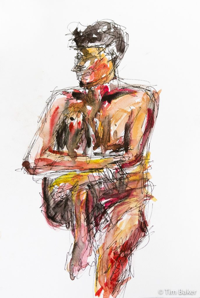 Marcus, Life Drawing #21, Watercolour and Pigma pen, A3