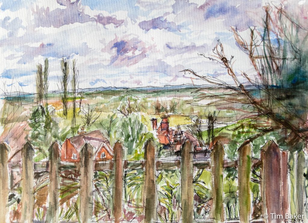 View of Hambledon, Watercolour and Pigma pen, A3. Not For Sale.