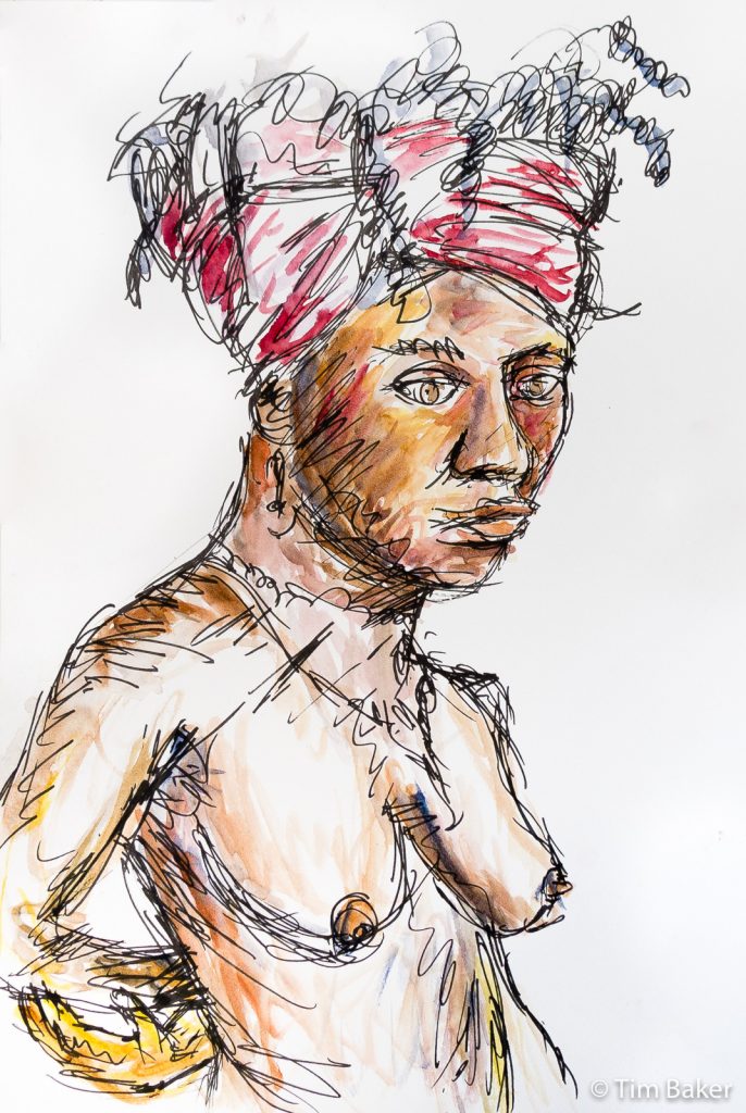 Sarita, Life Drawing #25b, Watercolour and Pigma Micro, A3