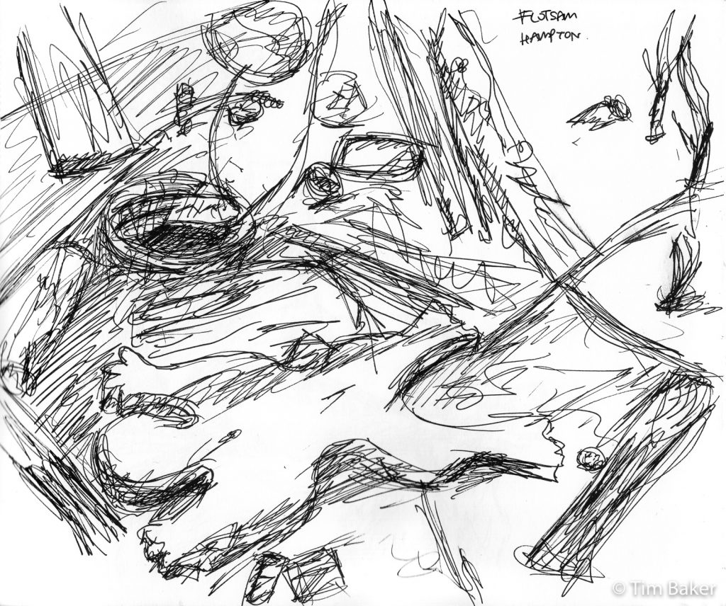 Flotsam and Jetsam, Hampton Riverside, Pigma drawing, A4 Sketchbook