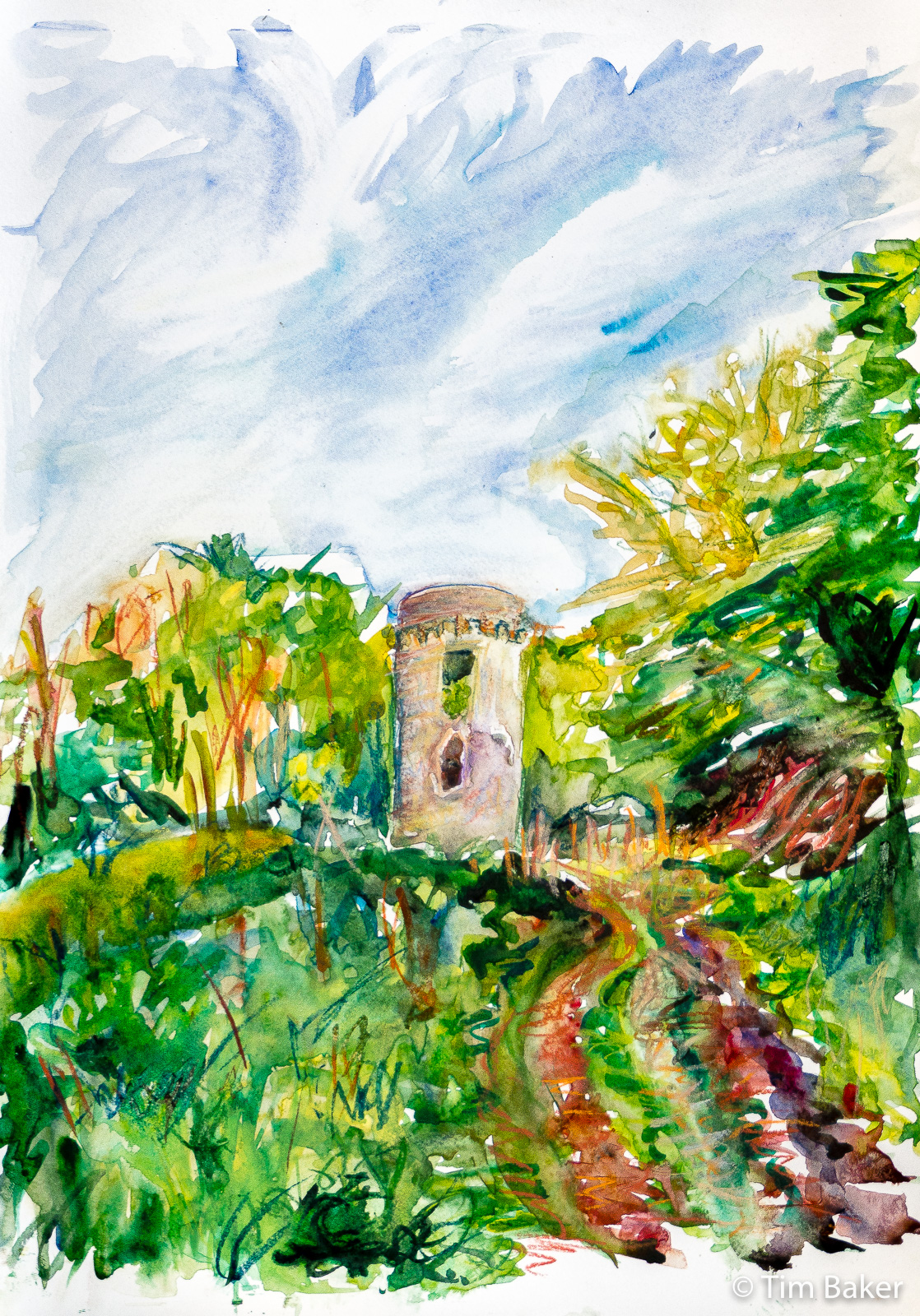 Broadwood Folly, Box Hill, Watercolour and Conte Crayon, A3