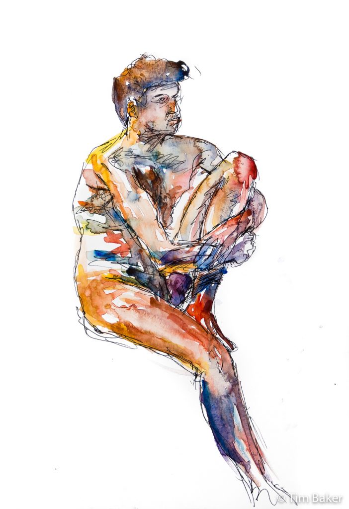 Life Drawing #35 - Marcus -Watercolour and pigment liner, A3