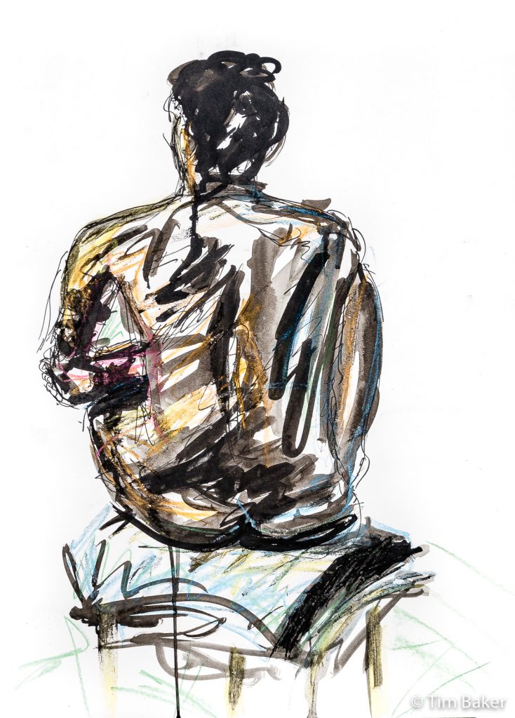 Life Drawing #35 - Marcus - brush and ink, Staedtler pigment liner and chalk, A2