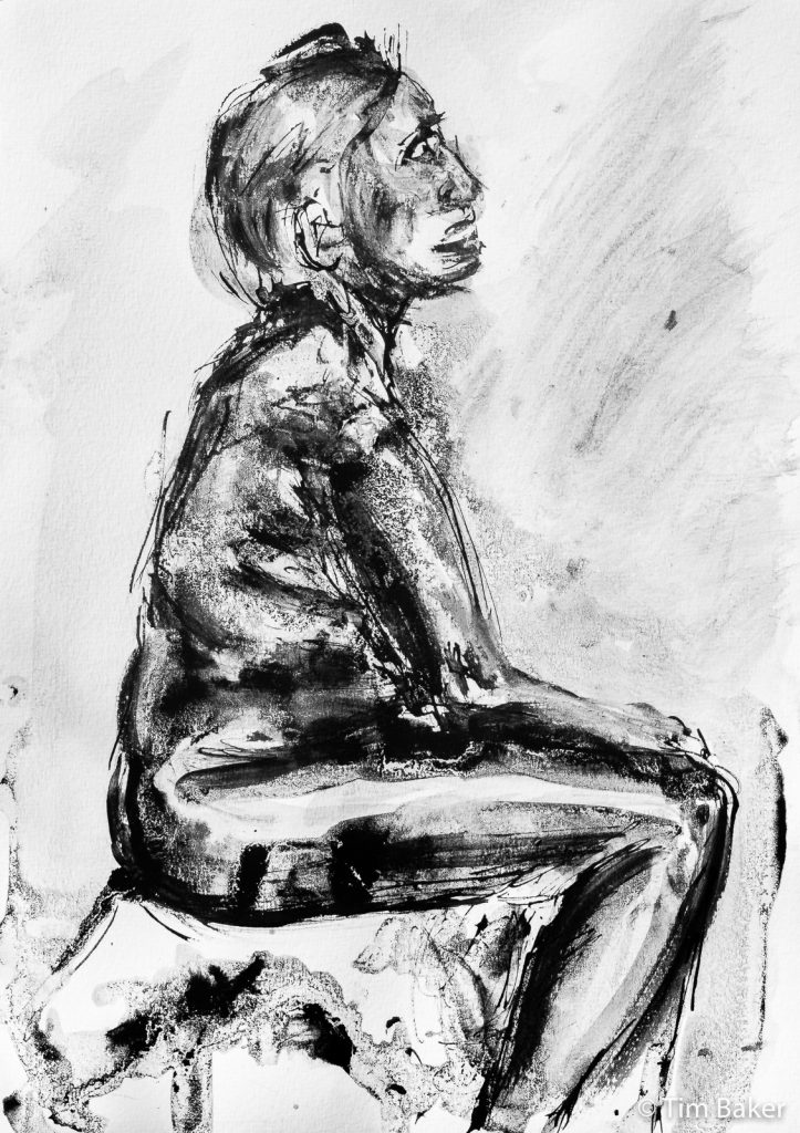 Champaa, Life Drawing #39, Quill drawing with India Ink, Chalk?, Masking Pen and brush, A3 watercolour paper