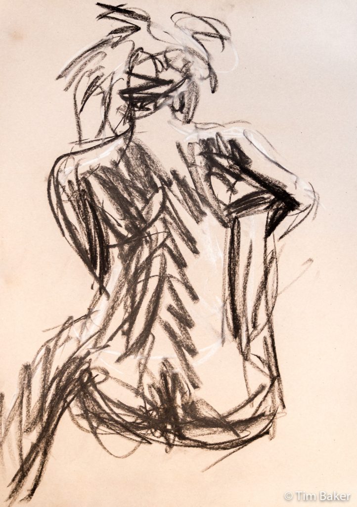 Life Drawing #48 - Sarita, 5 minute sketch (Sanguine charcoal, white chalk and Graphite XL blocks)