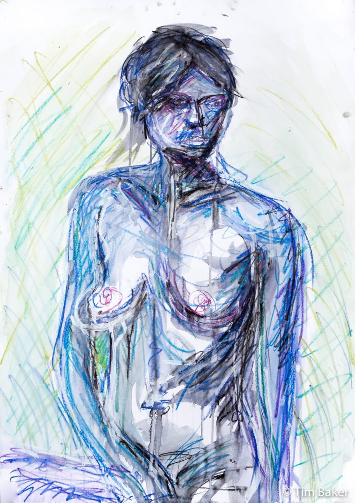 Blue Nude, Life Drawing #49, Stabilo Woody and Masking Fluid, A1