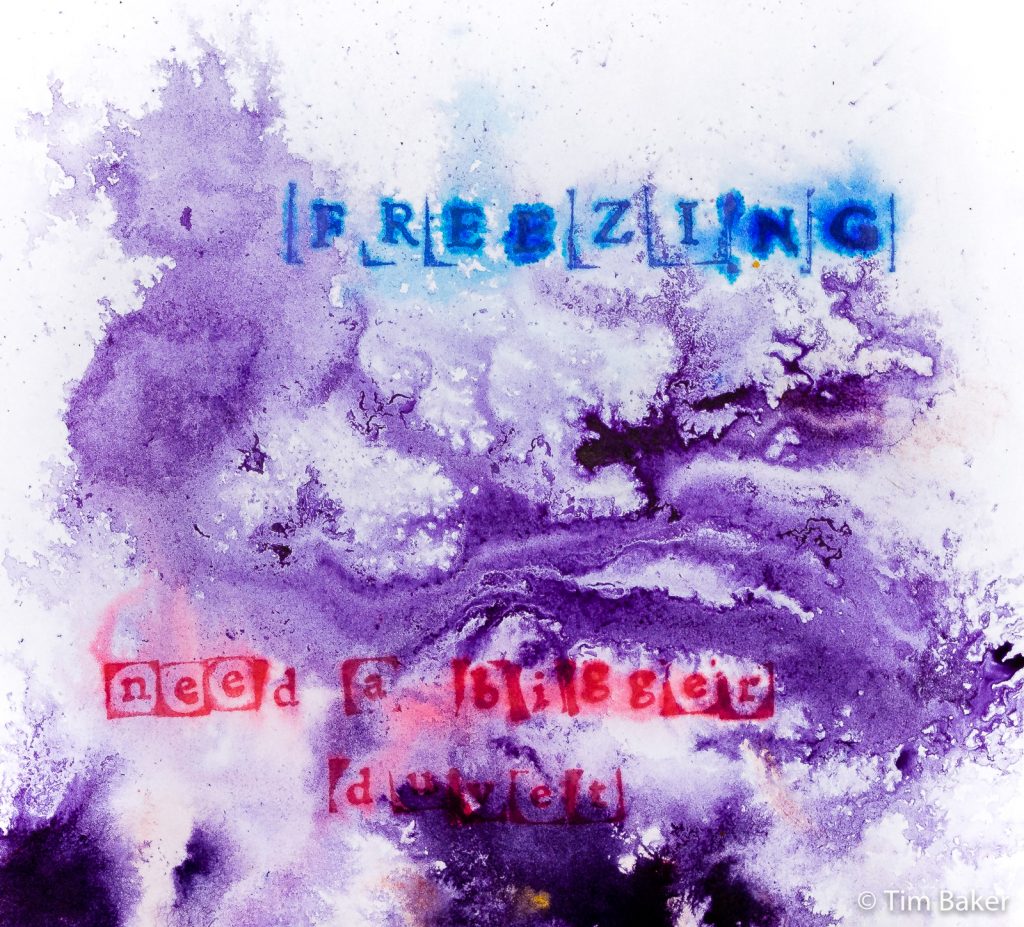 Freezing (full) , Inktober #4: Freeze, Dr Ph Bombay Ink, stamps, endorsing ink, water, liquid fixative, A4 notebook.