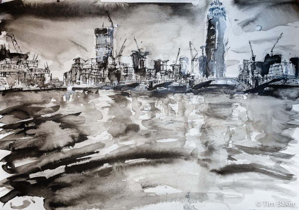 Building London (Day), Inktober #5 - Build, Dip pen with Indian Ink and Dr Ph Martin Bombay Ink, brush and water, A3.
