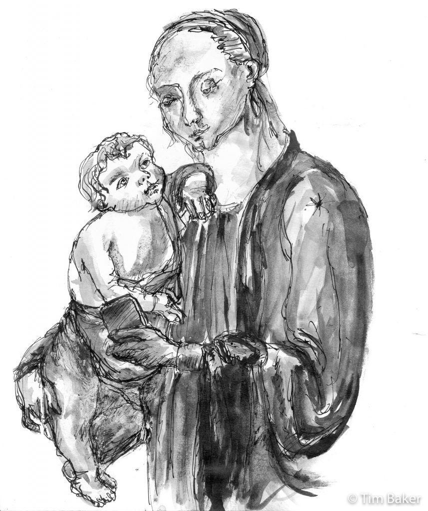 Madonna And Child With iPhone (after Botticelli), Inktober #7 - Enchanted, Dip-pen and Ink, Brush and White ink, A4 sketchbook