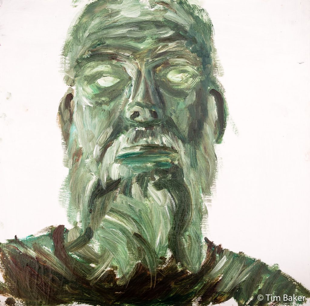 Blue Self Portrait (#2) in progess - verdaccio underpainting, oils.