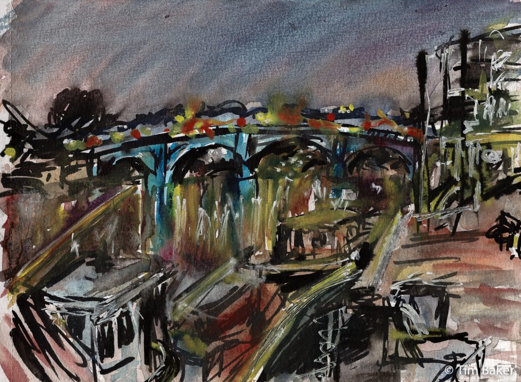 The Blue Bridge (Night Work series) 5PM Drawing Challenge 12, Jackson's Ink in Molotow brush marker, Molotow white marker and watercolour. A5 media sketchbook.