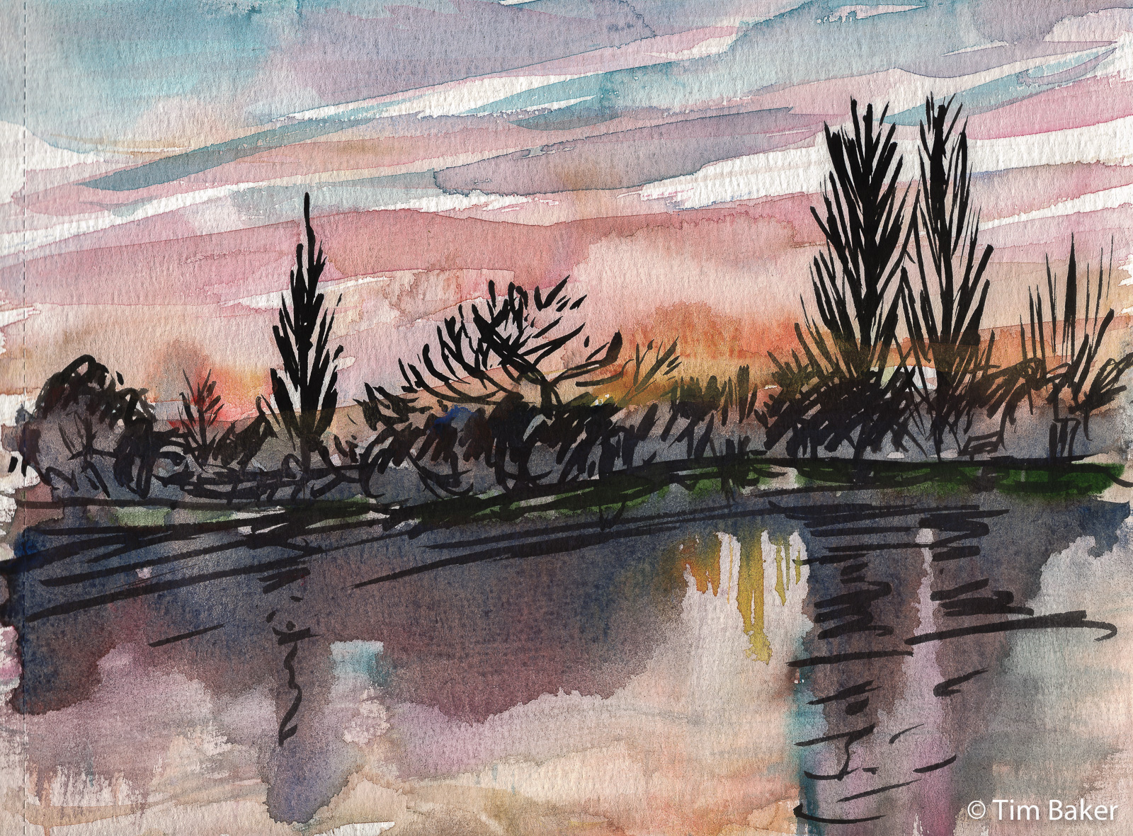 Surbiton Sunset (Night Work series), Jackson's Ink in Molotow brush marker and watercolour, A5 media sketchbook.