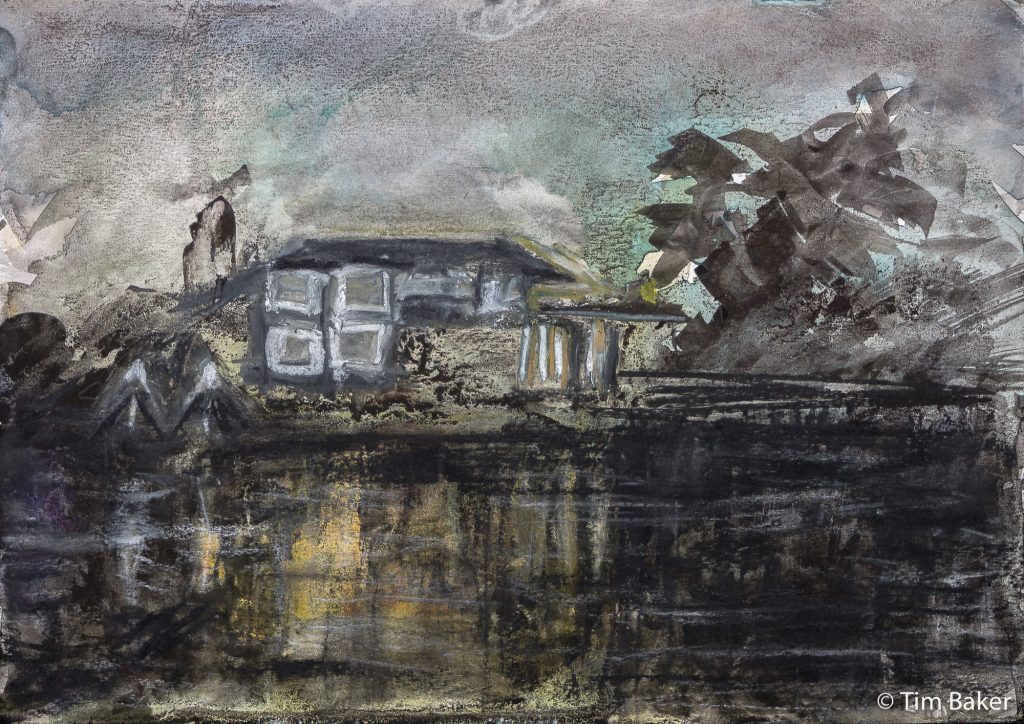 The House By The RIver (Night Series), Ink, Watercolour and Derwent XL blocks, A3