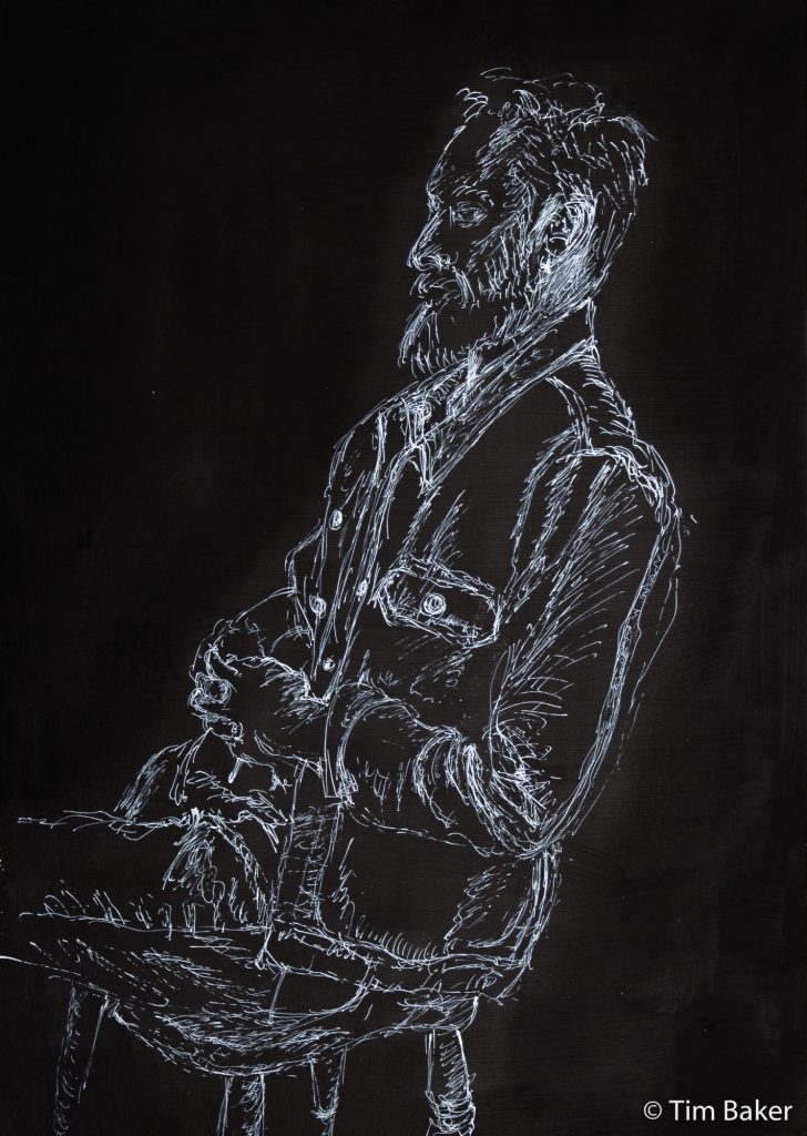 Jake, Portraits in the Pub (Dark Series) - Dr PH Martin Bombay White Ink with Dip Pen on Black Gesso, A3.