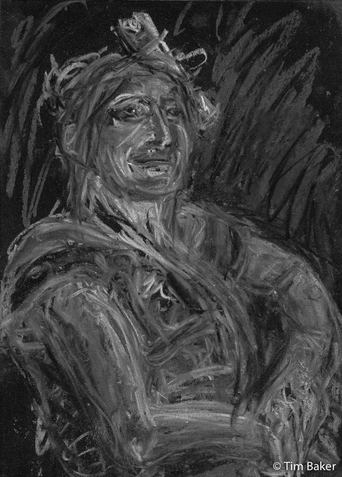 Aniela, Portraits at the Pub 5 (Dark Series), B&W Pastel on A4 black paper
