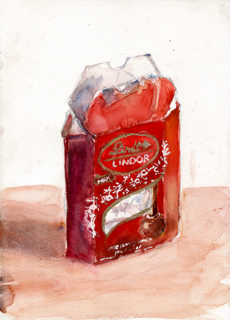 Lindor Red Box, 5PM Challenge 18, Watercolour, Gold Ink, Masking Fluid and Stabilo All Graphite Pencil.