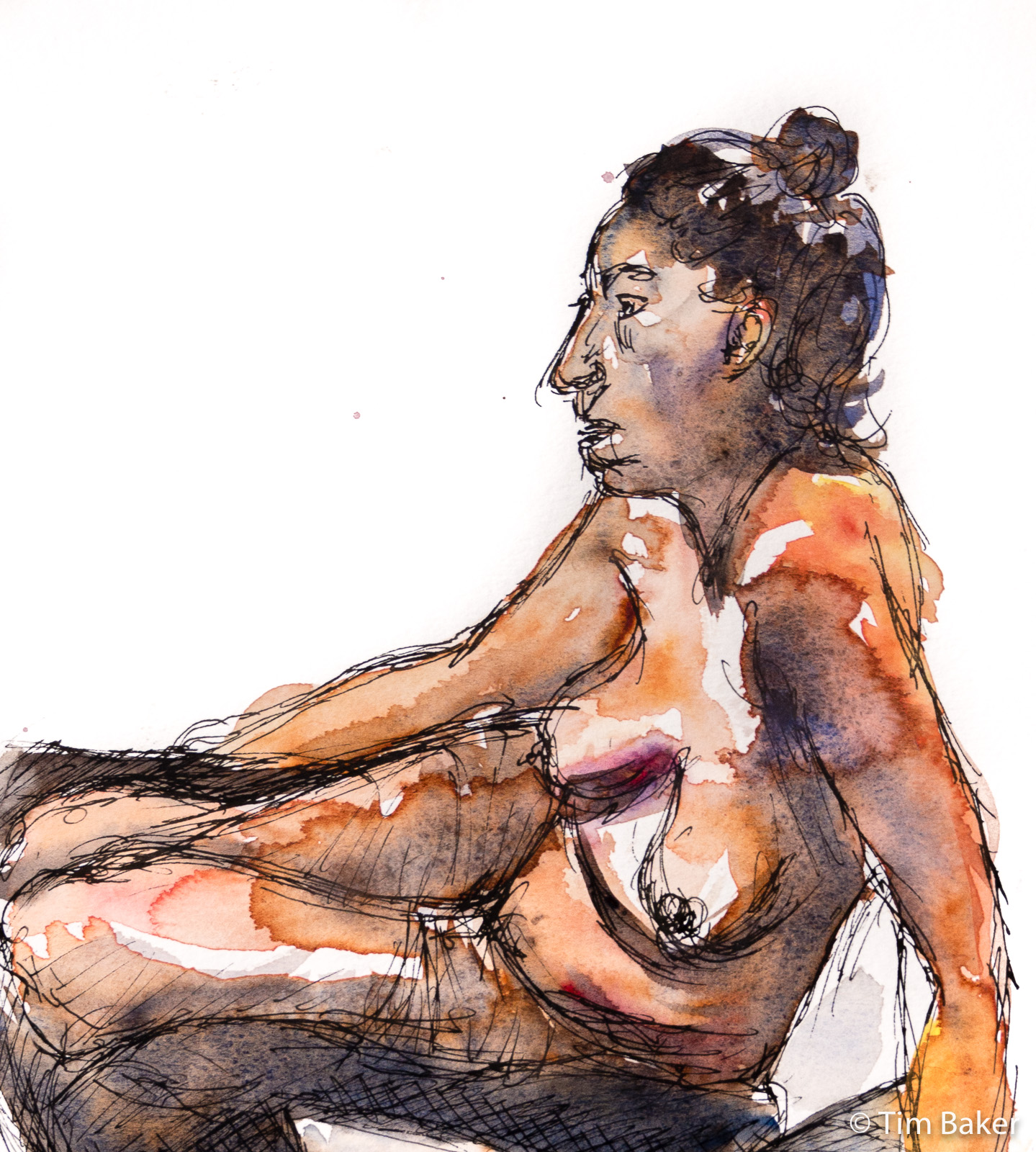 Naz (detail), Life Drawing #64, Pump fineliner and watercolour, 25x35.5cm, Fabriano Unica? paper.