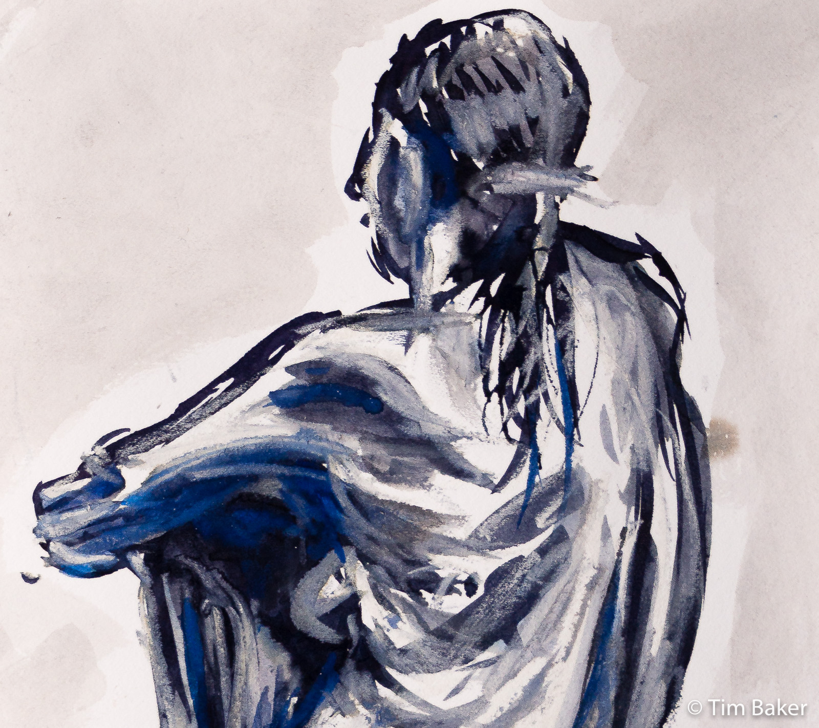 Gabriella (Megan) - detail, Life Drawing #70, Diamine Registrar's Ink with brush, Conte crayon and watercolour, 25x35.5cm, Fabriano Rosaspina paper.