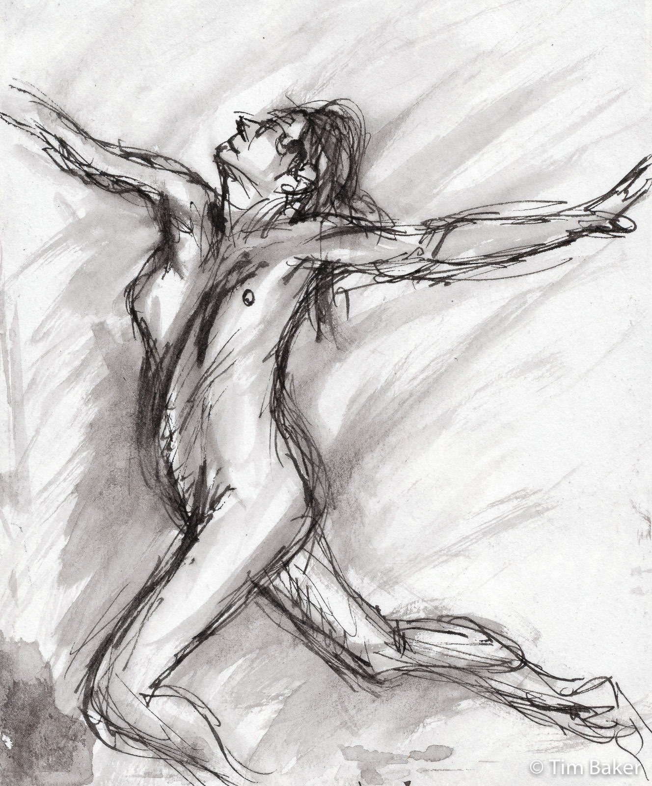Leap, Online Life Drawing #3, Dip pen and Hero 234 ink and brush, A5 sketchpad