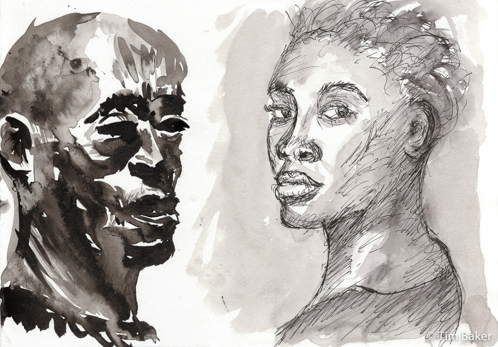 Him & Her Diptych, Online Portraits 4, Himalaya V2 pen with Sketchink and W&N Indian Ink and brush, Fabriano Unica paper, 25.5x35cm