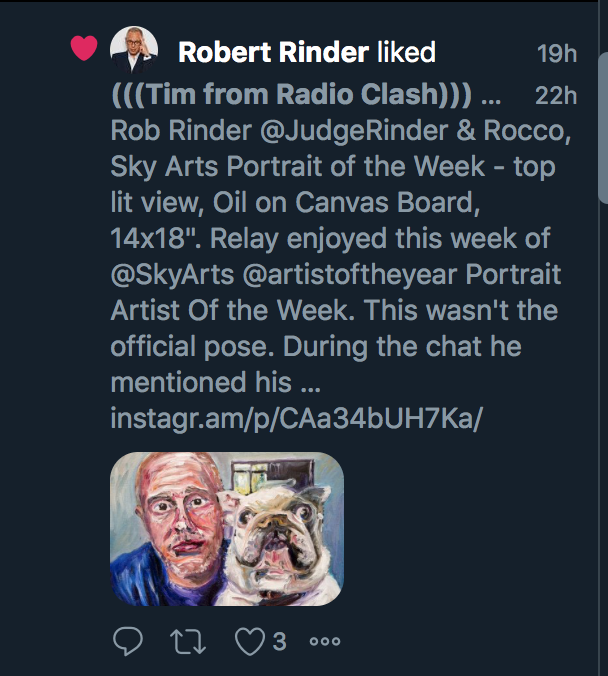Screenshot of Rob Rinder liking my portrait of him and his dog!