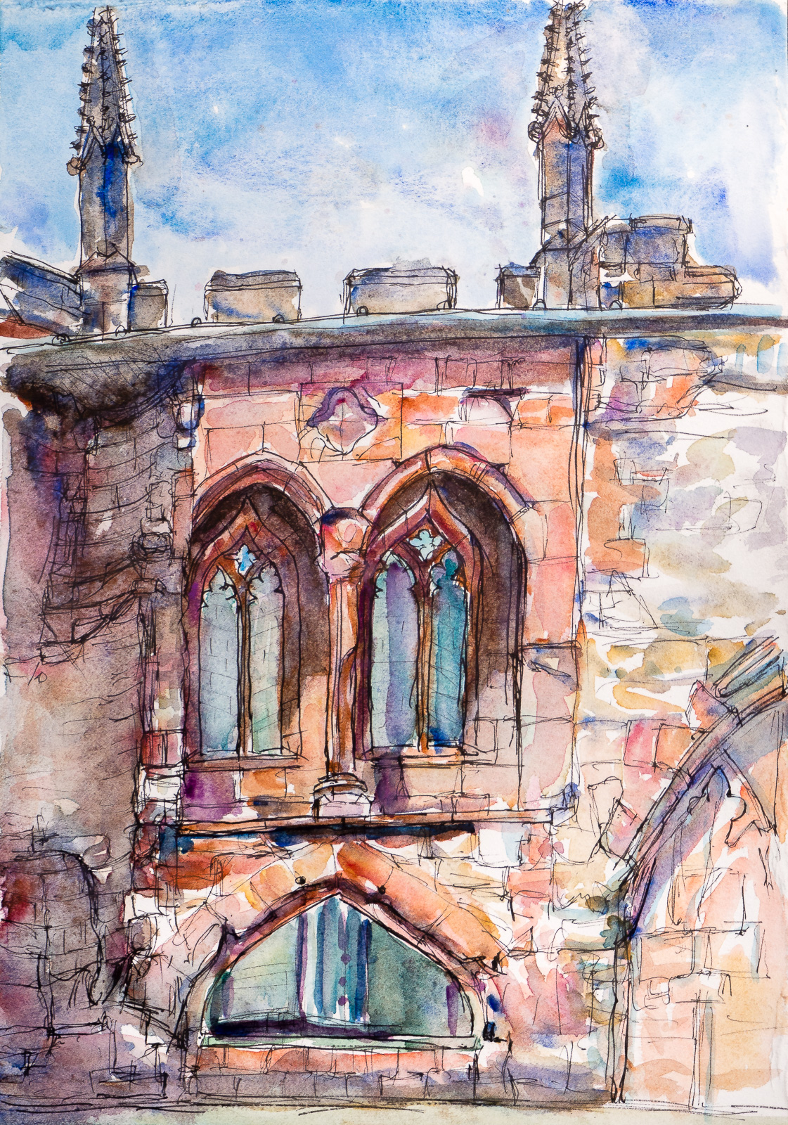 New and Old, Coventry Cathedral, Fountain Pen & Watercolour, 25 x35. 5cm, Fabriano Rosaspina Paper.