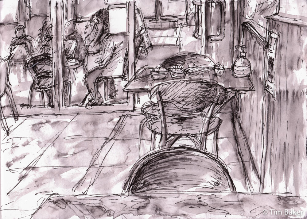 Moulin Rouge Cafe, Kingston, Fountain Pen Drawing and wash, A4 sketchbook.