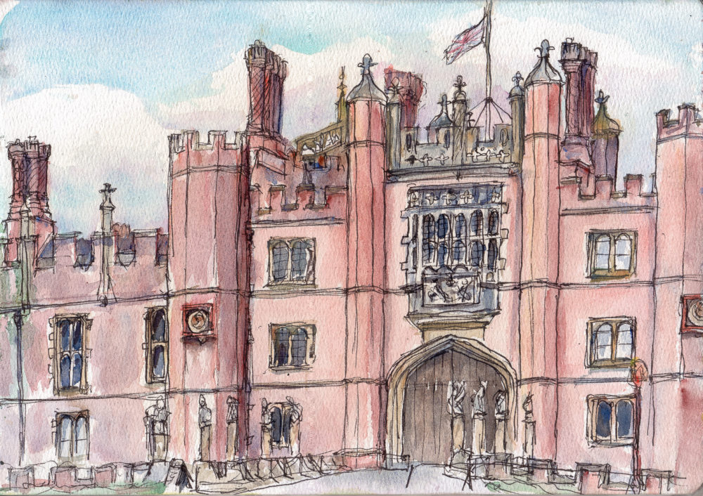 Hampton Court, fountain pen and watercolour, A4 etchr sketchbook.