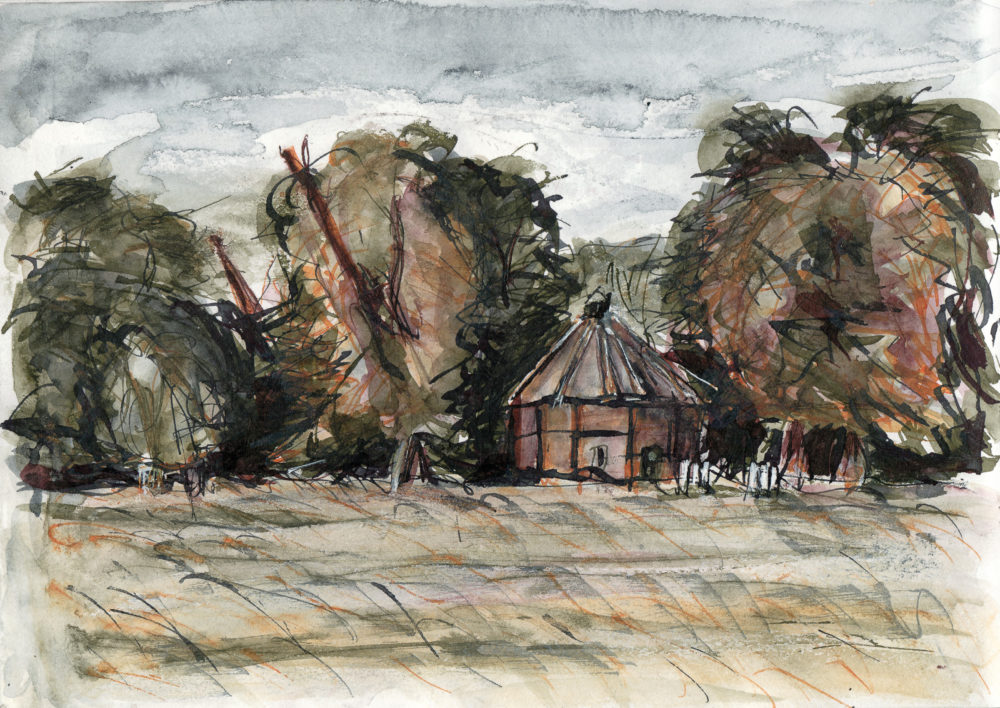 Ice and Crane, The Ice House Home Park, Parallel Pen and wash, A5 sketchbook. parklife ice house home park