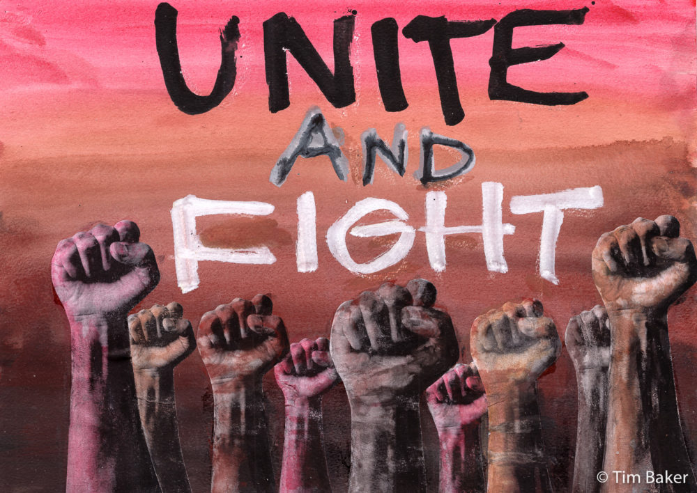 Unite and Fight (Black History Month) , Mynktober Unity Day 16, Laser print, Posca, FW and Dr PH Martin's Bombay Inks, A3. Fist image by Clay Banks used under CC Zero license.