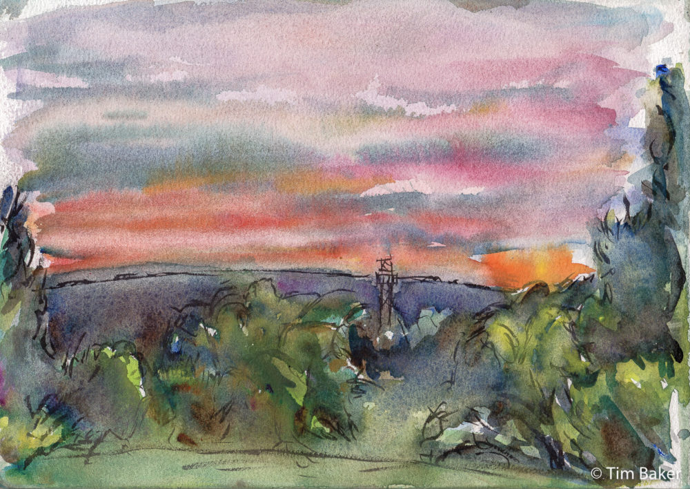 Antenna Sunset, Winey Hill, Kuretake Brush Pen and Watercolour, A4 etchr sketchbook