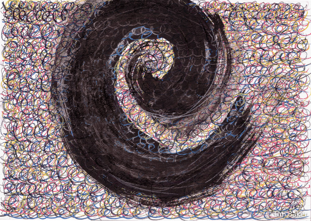 Like a circle in a spiral 1 , Mynktober Inktober Day 31 'Loop', Indian Ink and hake brush, acrylic markers and fountain pen, A3 sheet.