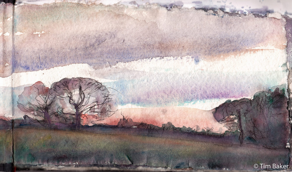 Winter Afternoon (panel 2), Fountain Pen and Watercolour, Indigo Panorama cotton Artway sketchbook.