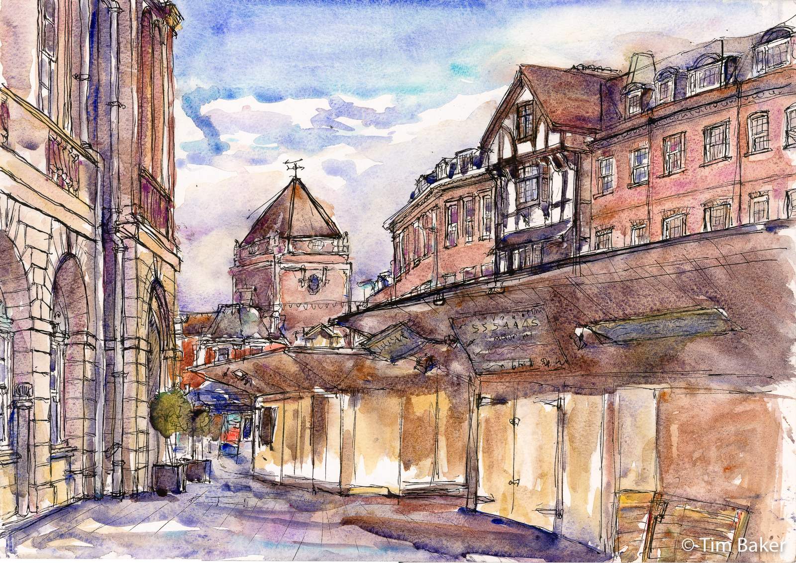 Kingston Market, Watercolour and Fountain Pen, A3 Daler paper