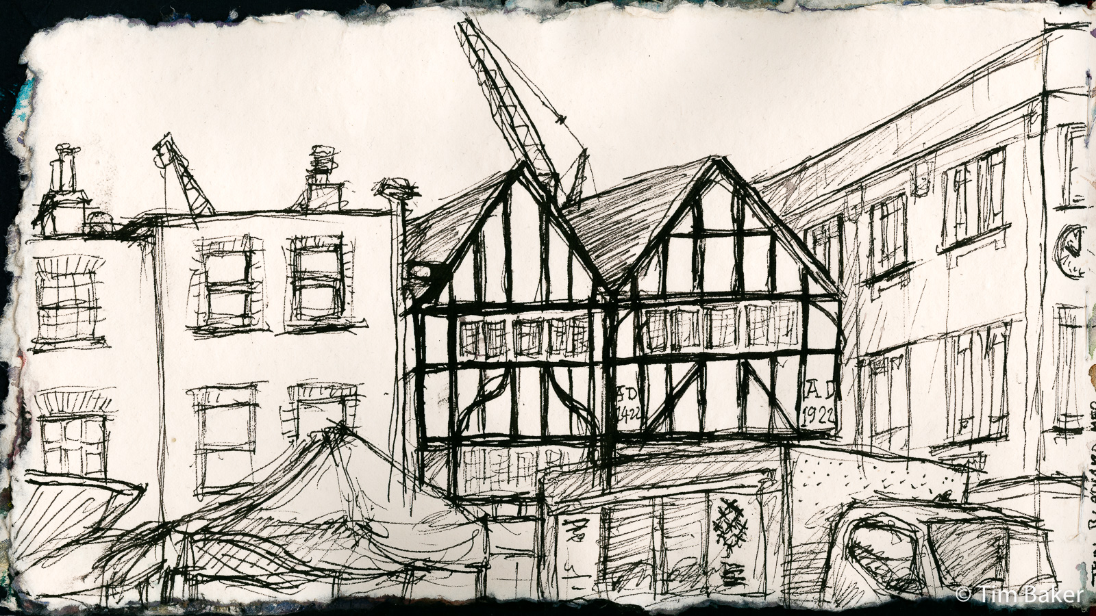 1422-1922 (in progress drawing), Kingston Market, Fountain Pen, Indigo Panorama Artway sketchbook