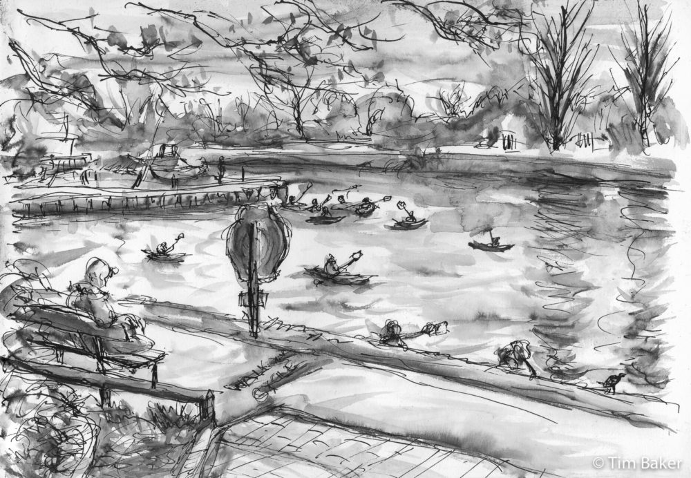 The Kayak Lesson, 5PM Series, fountain pen and wash, A4 Sketchbook, Raven's Ait. Surbiton