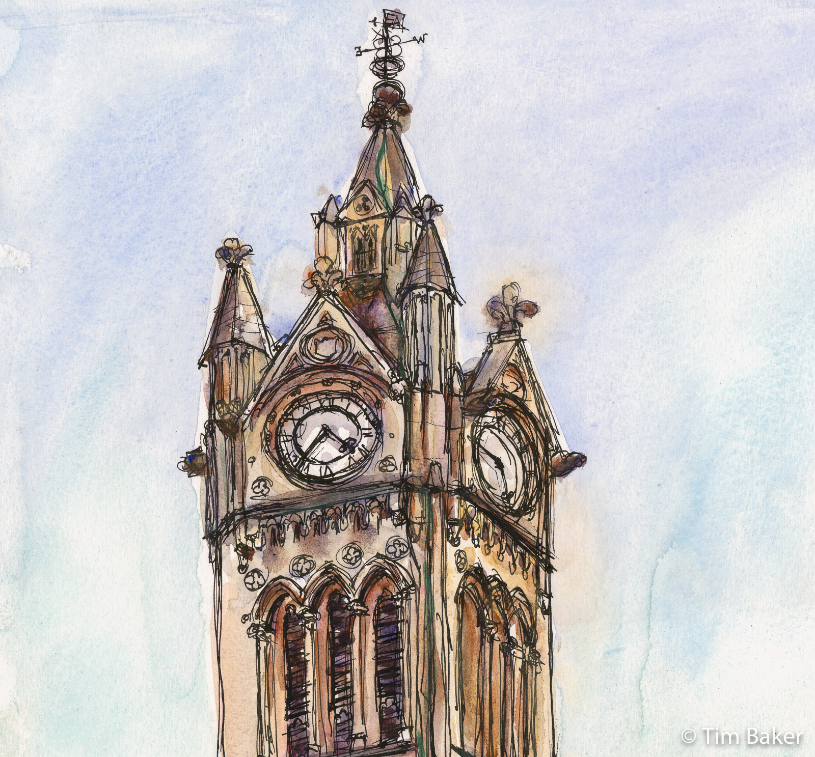 Clocktower (detail), Surbiton, Watercolour and fountain pen, A3 Daler paper