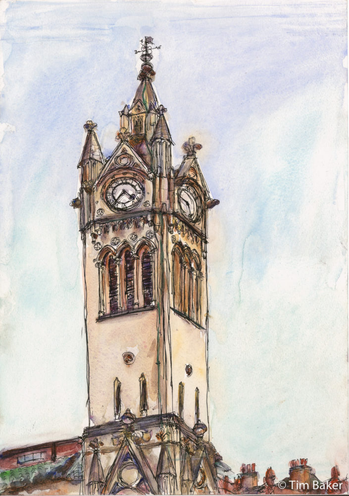 Clock Tower, Surbiton, Watercolour and fountain pen, A3 Daler paper