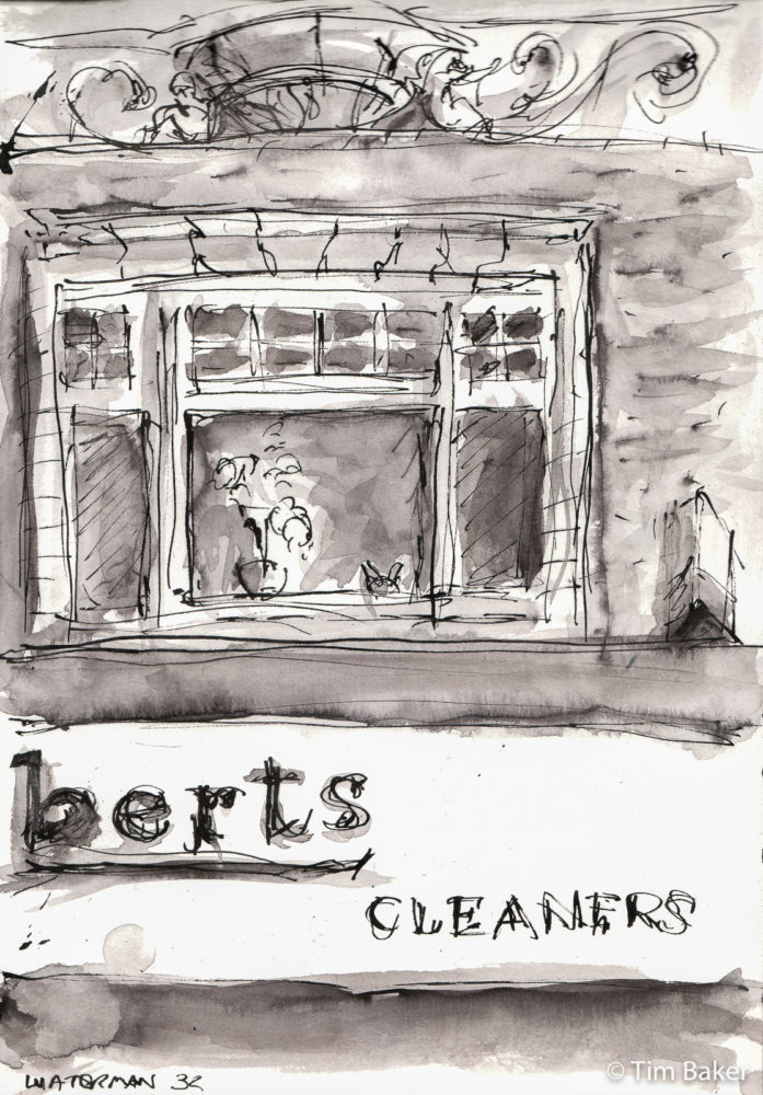 ...berts Cleaners (Lucky Cat), Claremont Road (Bus Shelter series), Fountain Pen and wash, A5 sketchbook