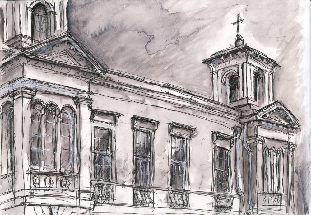 Kingston Market House, Fountain Pen, Rotring White Ink and wash, A4 Artway Eco sketchbook.