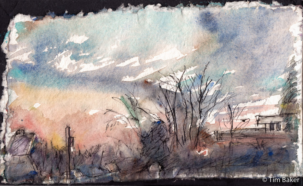 Raven's Ait Sunset (Skyscape 0), Fountain Pen and Watercolour, Indigo Artway Panoramic sketchbook.