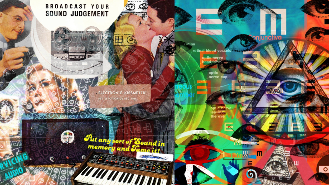 Collage of 2 collages -243: ‘Broadcast Your Sound Judgement / Servicing Audio’ 2013, Digital collage of found images & 207: iTwitch, digital collage of images from one Google image search