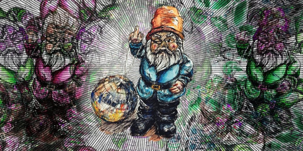 313: Angry Disco Gnome (Old Age), drawing, watercolour and digital collage