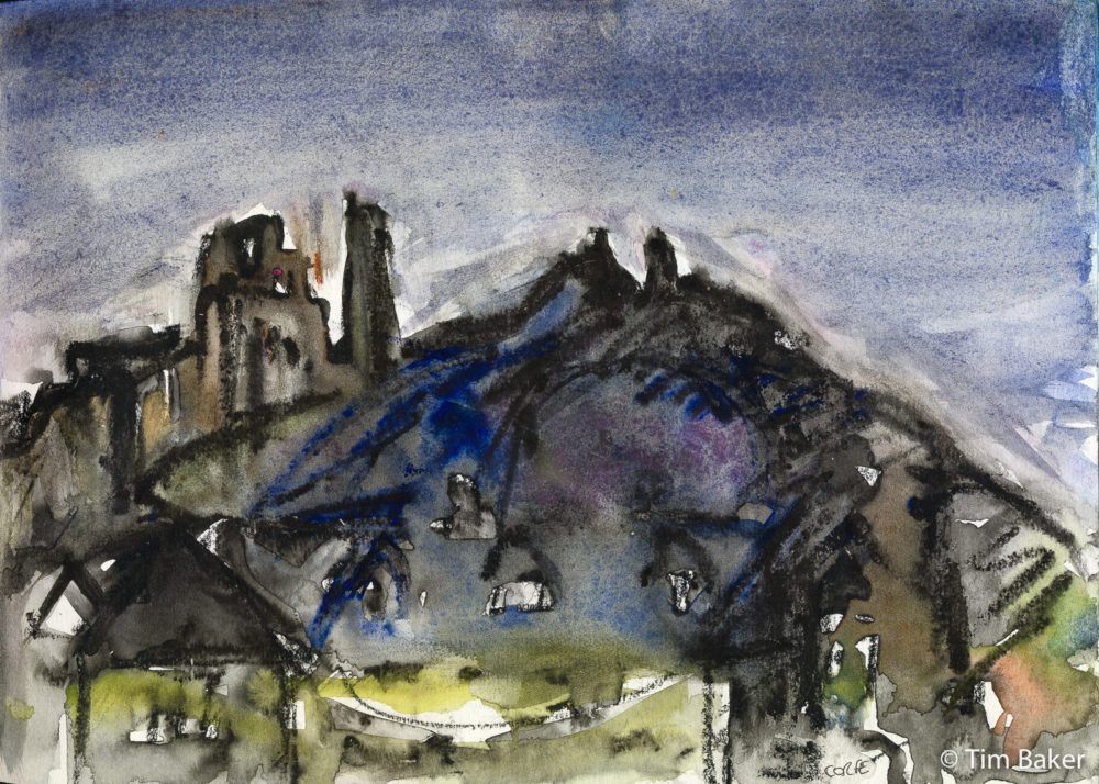 I Bet Turner DIdn't Paint Corfe Castle At Night, Woody Pencil and Watercolour, A4 sketchbook.