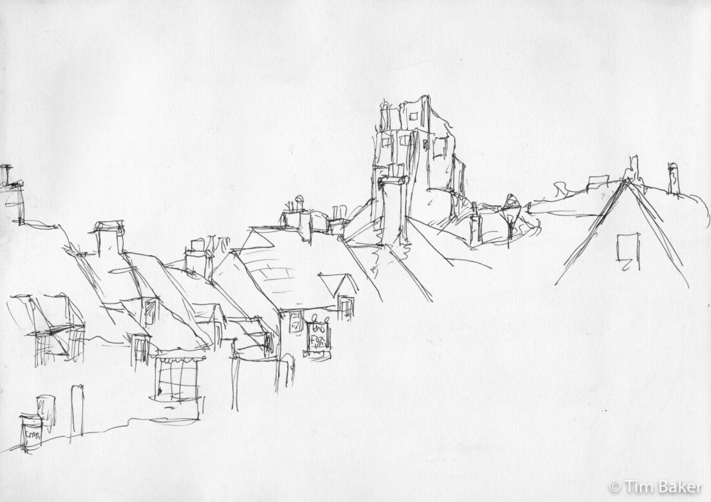 Corfe Castle Rooftops (I Don't Want To Increase Your Property Value #2), Platinum Preppy Fountain Pen, A4 sketchbook.