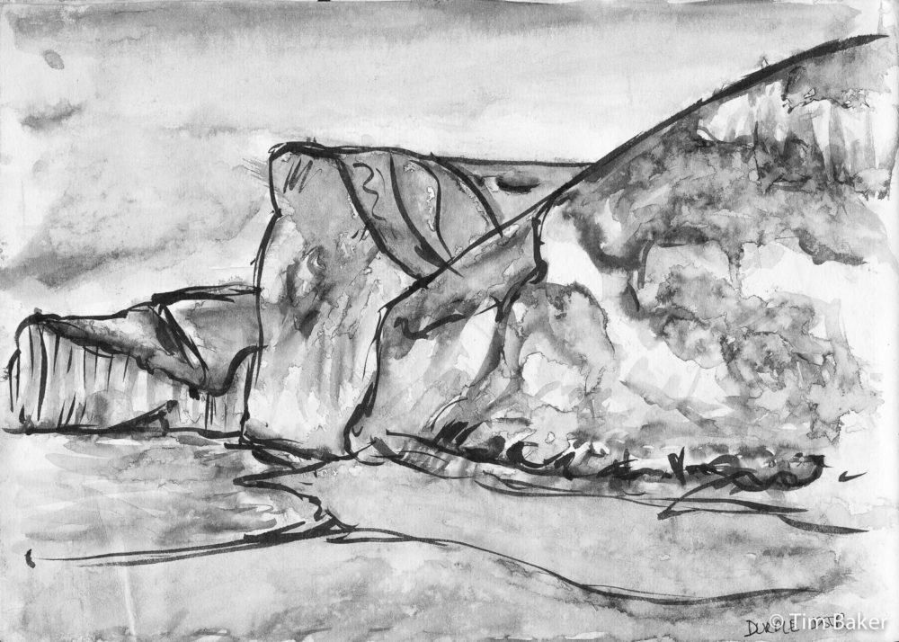 Durdle Door Cliffs, Brush Pen and wash, A4 sketchbook Dorset Jurassic Coast  Lulworth Man O War  Mupe Bay Seascape Cliffs Rocks Sea Painting
