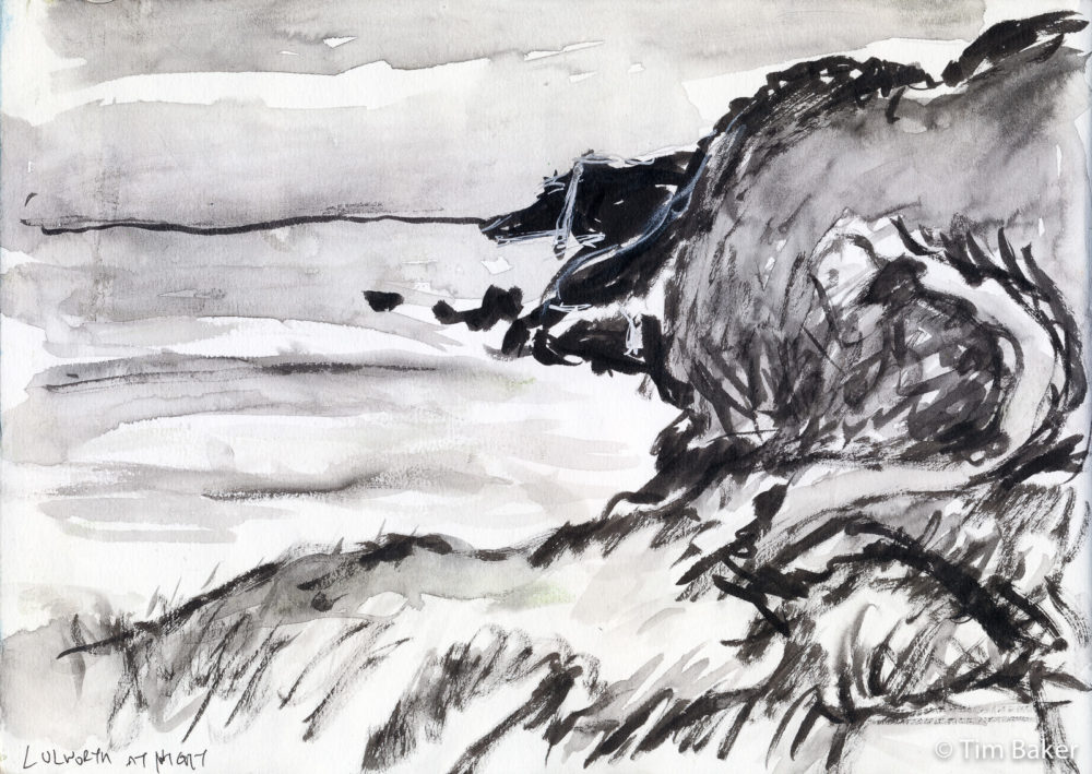 Lulworth At Night 2, Brush Pen wash and White pen, A4 sketchbook. Dorset Jurassic Coast  Durdle Door Mupe Bay Seascape Sea Painting