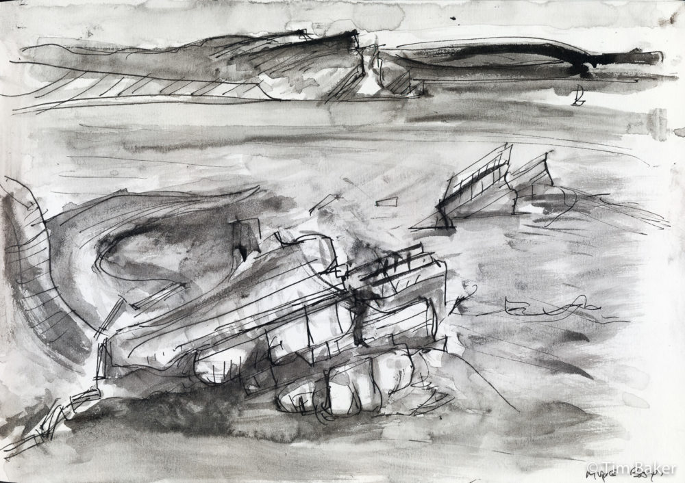 Mupe Bay (ink version), Hero 395 pen and wash, A4 sketchbook. Dorset Jurassic Coast Lulworth Durdle Door Mupe Bay Seascape Cliffs Sea Painting Drawing